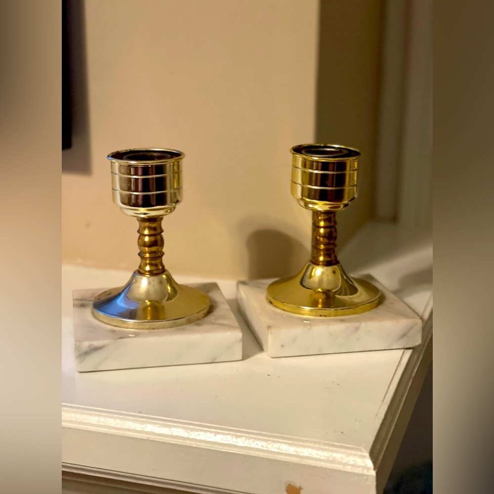 Vintage Art Deco MCM Heavy White Marble Base & Brass Candlestick Set 2